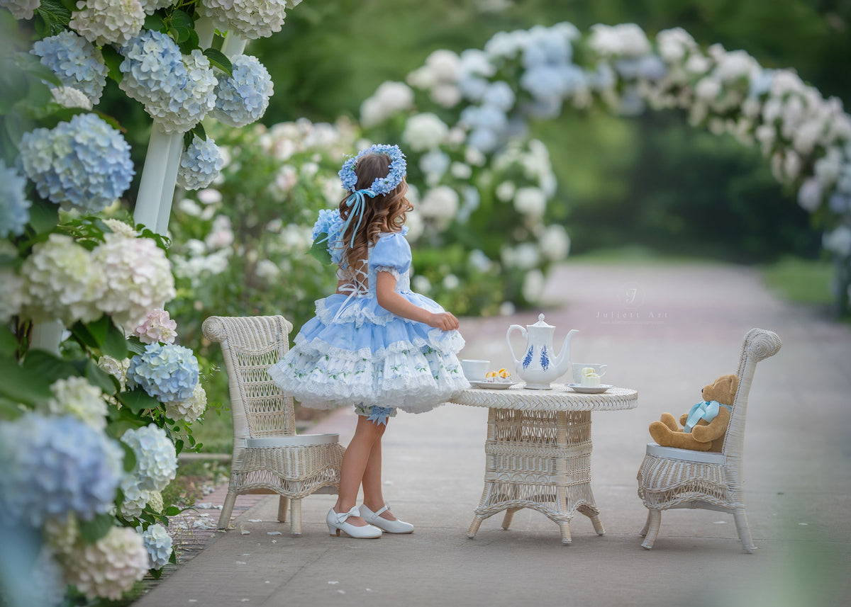 Hydrangea Bloom Royale – Floral Print Vintage Inspired Boutique Girls Dress | Lace Overlay Puff Sleeve Heirloom Style
