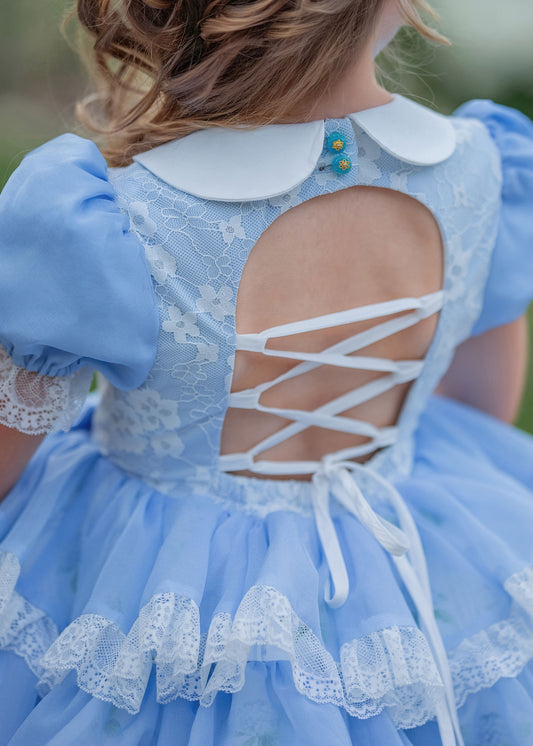 Hydrangea Bloom Royale – Floral Print Vintage Inspired Boutique Girls Dress | Lace Overlay Puff Sleeve Heirloom Style