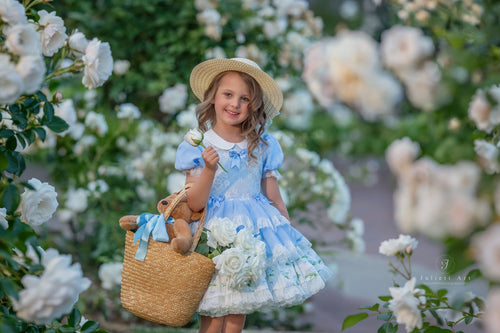 Hydrangea Bloom Royale – Floral Print Vintage Inspired Boutique Girls Dress | Lace Overlay Puff Sleeve Heirloom Style