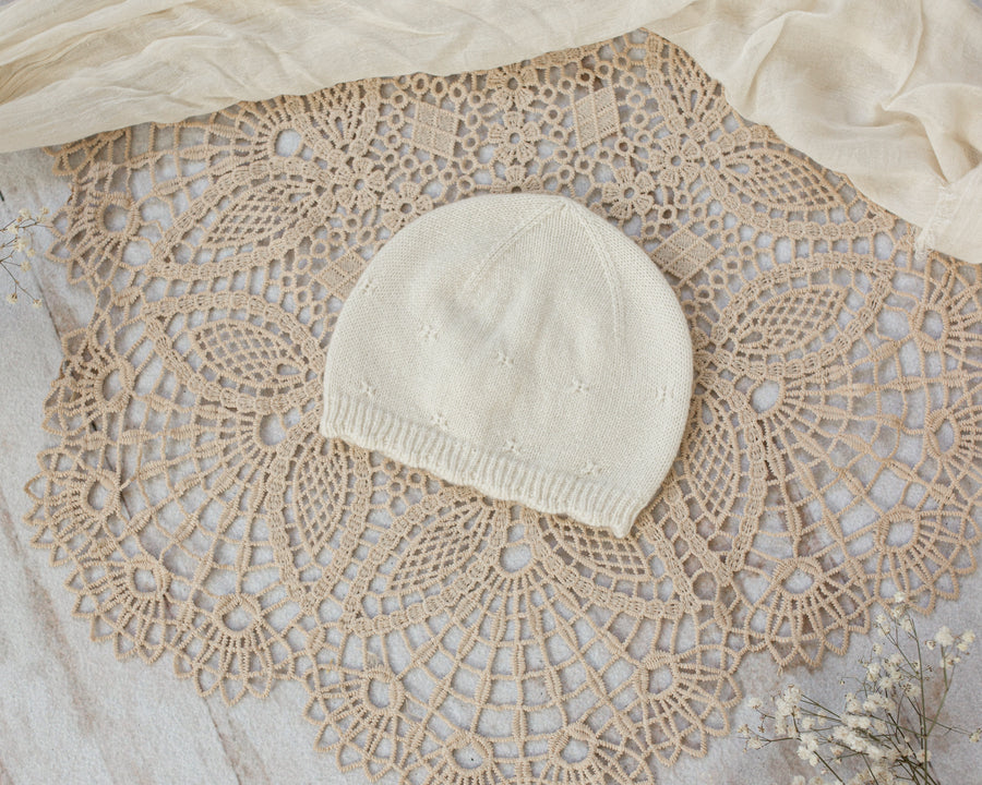 Cashmere Baby Beanie — Scalloped Edge with Pointelle Cream