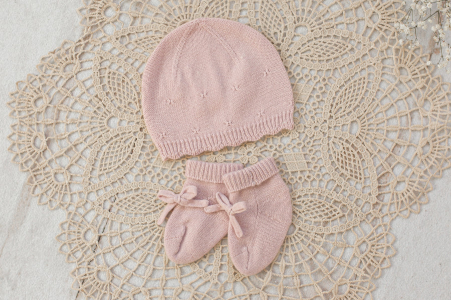 Cashmere Baby Beanie & Socks Set — Scalloped Edge with Pointelle  Blush Pink