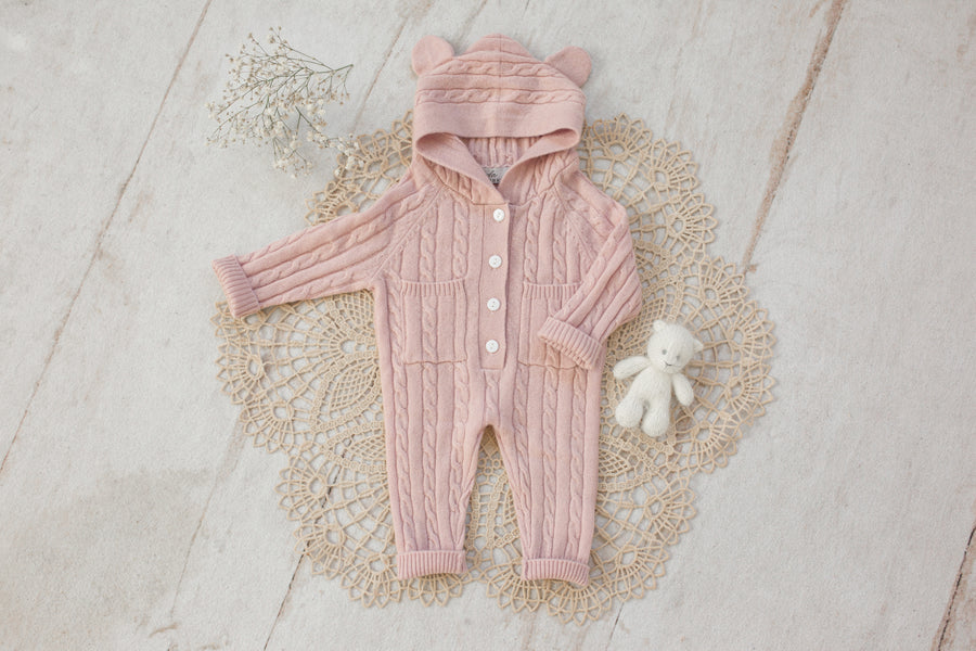 Cashmere Baby Bear Onesie — Hooded Romper with Bear Ears Pink