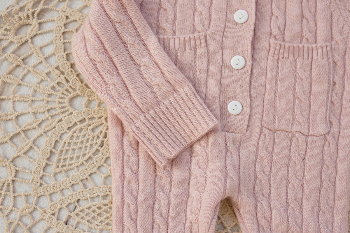 Cashmere Baby Bear Onesie — Hooded Romper with Bear Ears Pink