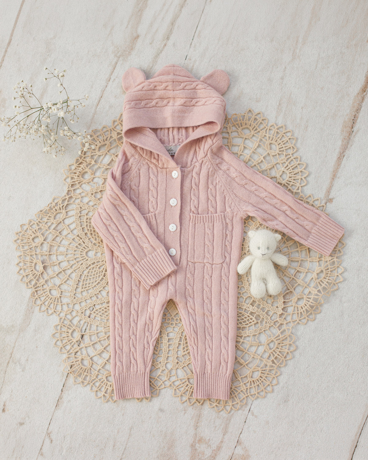 Cashmere Baby Bear Onesie — Hooded Romper with Bear Ears Pink