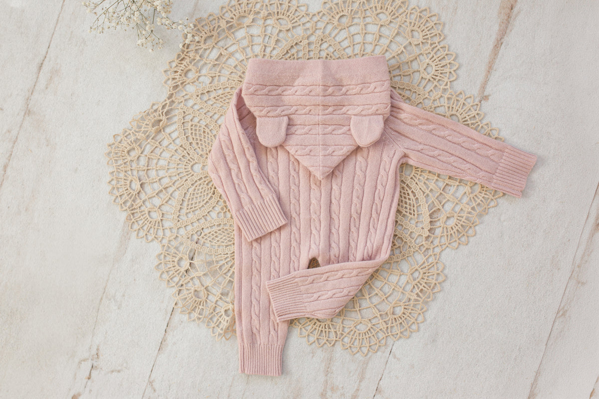Cashmere Baby Bear Onesie — Hooded Romper with Bear Ears Pink