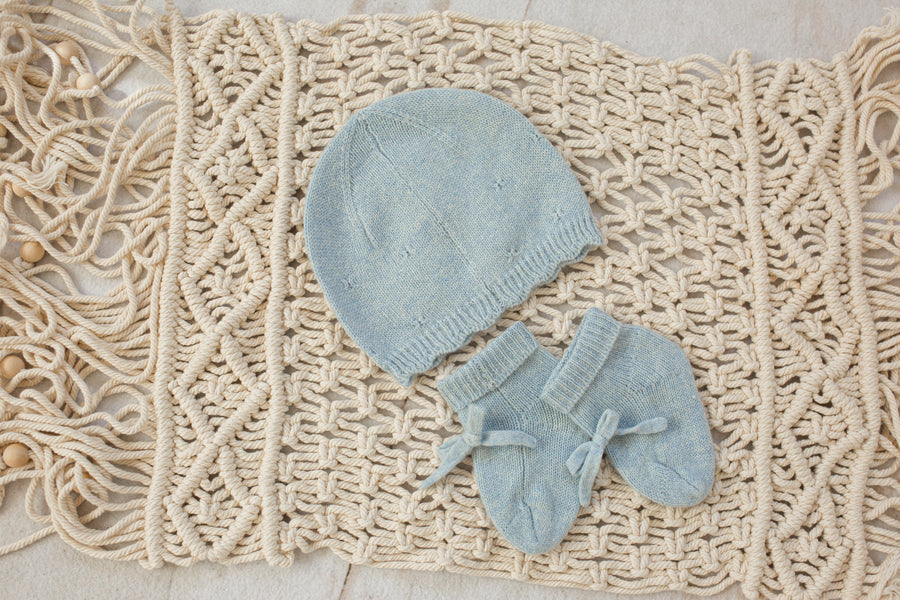 Cashmere Baby Beanie & Socks Set — Scalloped Edge with Pointelle  Powder Blue