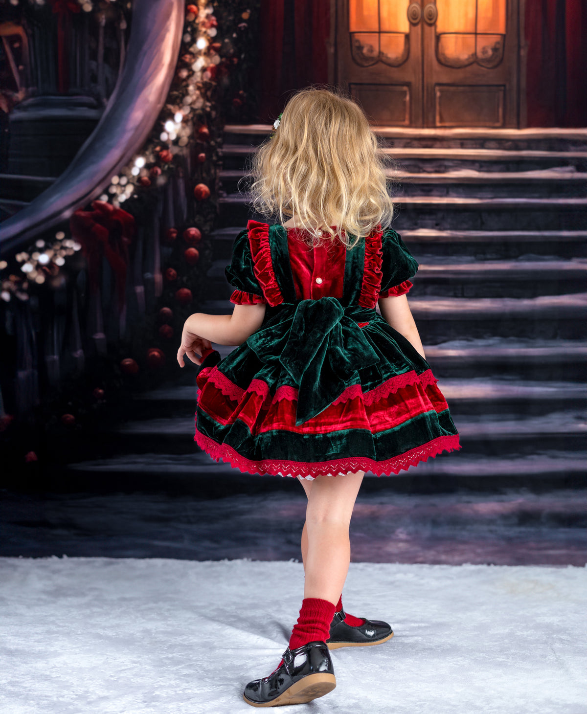 Robe Noël en velours – Robe de boutique de luxe en velours de soie pour filles | Dentelle au crochet Bouton perle Style héritage des fêtes