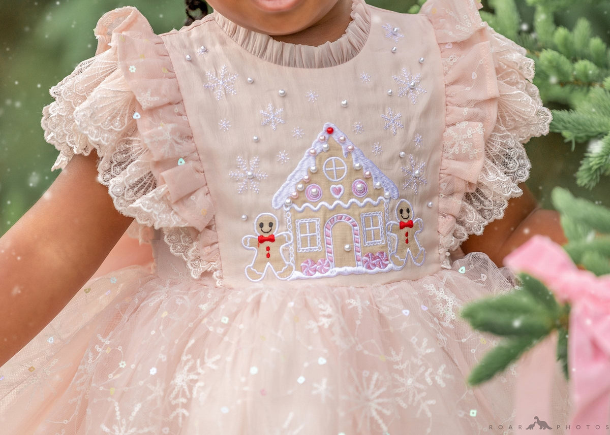 Blush Gingerbread Dream – Embroidered Vintage Inspired Boutique Girls Dress | Tulle Organza Lace Heirloom Style Christmas Dress