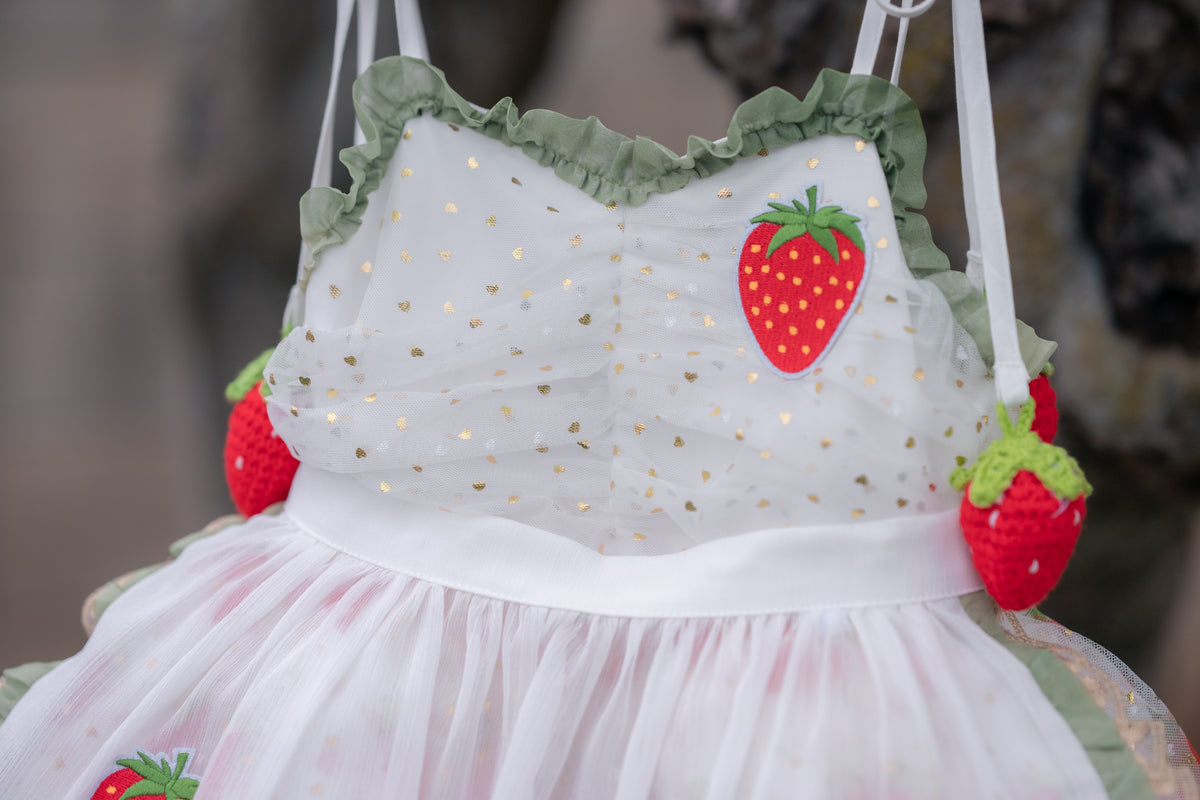 Robe Lumière Fraise – Robe de Fille de Boutique d'Inspiration Vintage | Style Héritage en Mousseline Volantée Imprimé Fraise