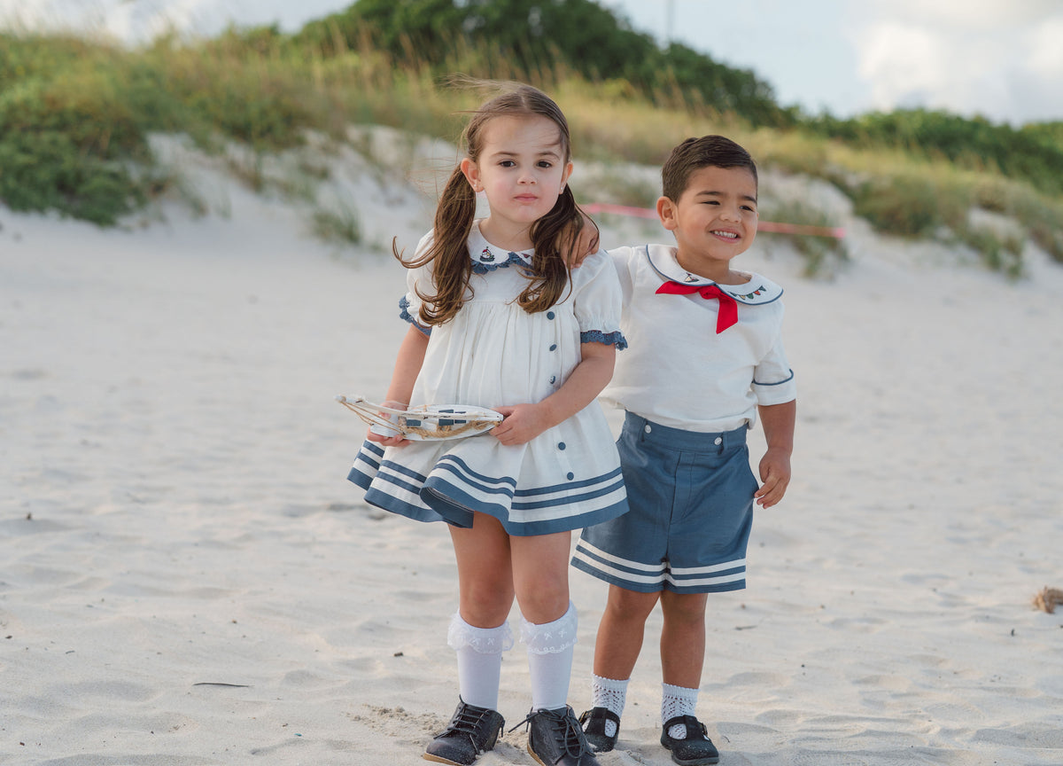 Seaside Elegance Dress – Hand Embroidered Cotton Linen Boutique Girls Dress | Nautical Lace Puff Sleeve Heirloom Style