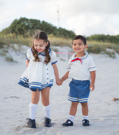 Seaside Elegance Dress – Hand Embroidered Cotton Linen Boutique Girls Dress | Nautical Lace Puff Sleeve Heirloom Style