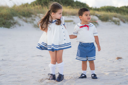 Seaside Elegance Dress – Hand Embroidered Cotton Linen Boutique Girls Dress | Nautical Lace Puff Sleeve Heirloom Style
