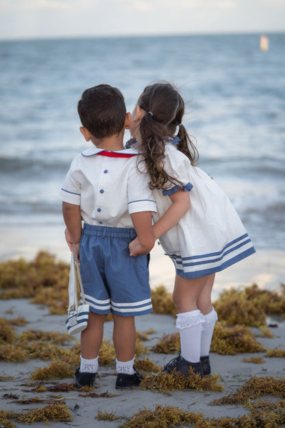 Little Sailor Suit – Hand Embroidered Cotton Linen Boutique Boys Suit | Nautical Heirloom Style Special Occasion
