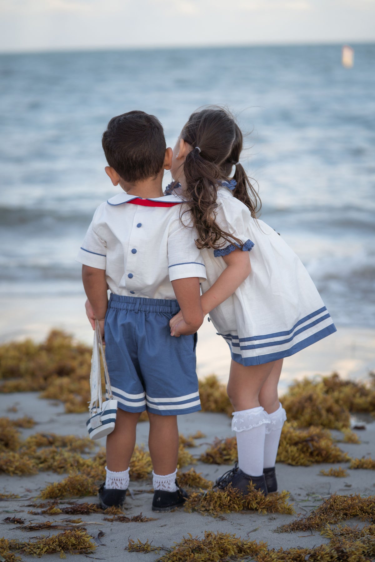 Seaside Elegance Dress – Hand Embroidered Cotton Linen Boutique Girls Dress | Nautical Lace Puff Sleeve Heirloom Style