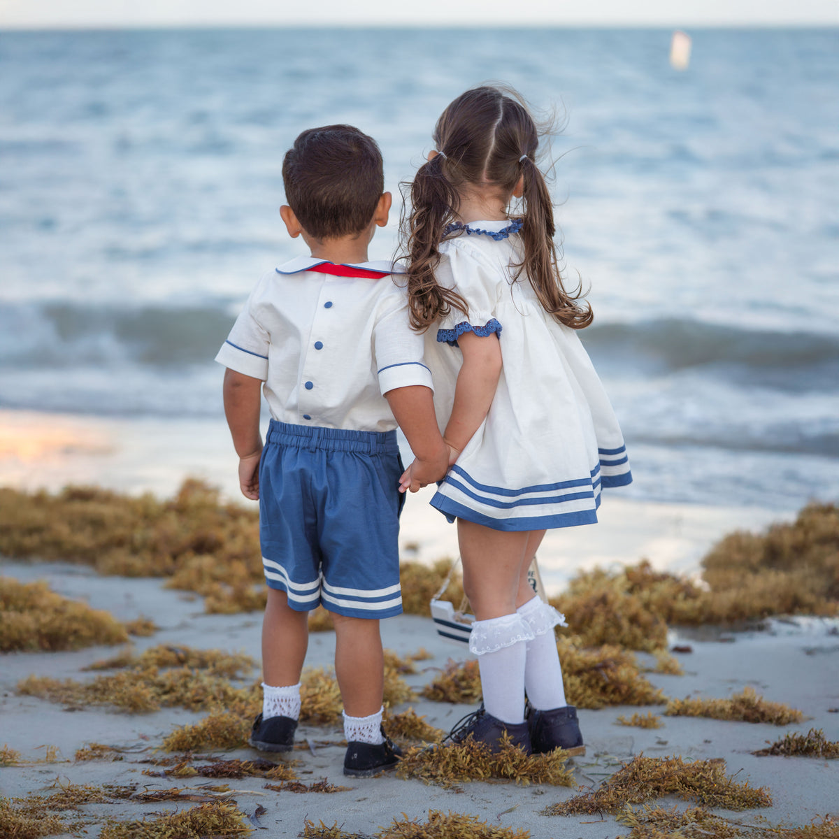 Seaside Elegance Dress – Hand Embroidered Cotton Linen Boutique Girls Dress | Nautical Lace Puff Sleeve Heirloom Style