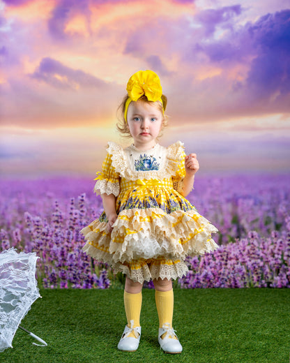 Robe de Prairie Ensoleillée – Robe Fille Style Boutique Vintage Imprimé Floral | Robe d'Été Style Héritage à Volants Dentelle