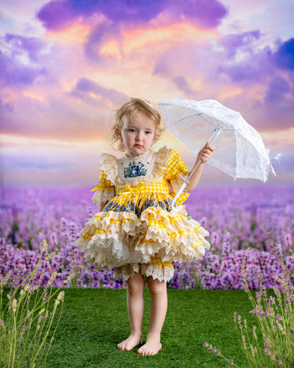 Robe de Prairie Ensoleillée – Robe Fille Style Boutique Vintage Imprimé Floral | Robe d'Été Style Héritage à Volants Dentelle