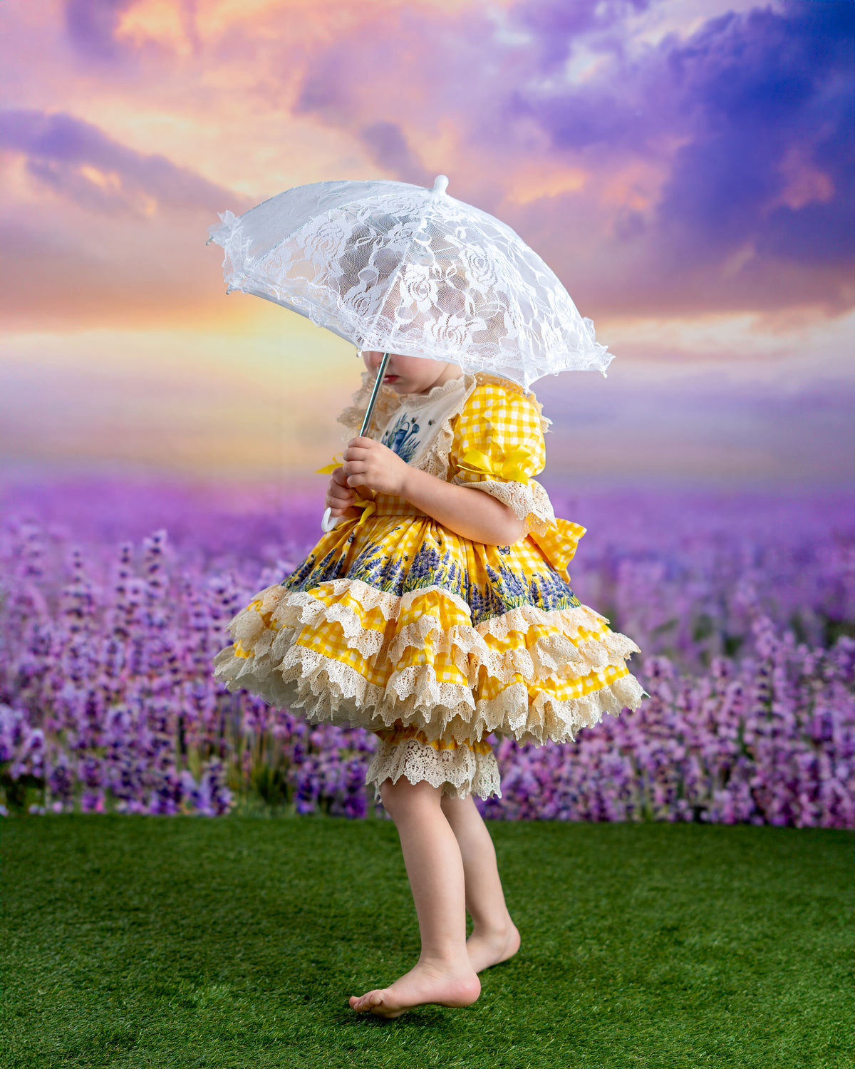 Robe de Prairie Ensoleillée – Robe Fille Style Boutique Vintage Imprimé Floral | Robe d'Été Style Héritage à Volants Dentelle