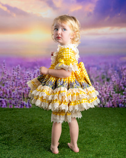 Robe de Prairie Ensoleillée – Robe Fille Style Boutique Vintage Imprimé Floral | Robe d'Été Style Héritage à Volants Dentelle