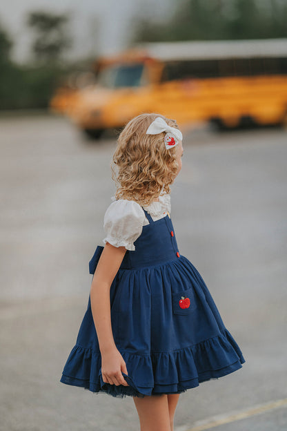 Classroom Elegant Dress – Hand Embroidered Vintage Inspired Linen Cotton Boutique Girls Dress | Swiss Dot Lace Heirloom Style
