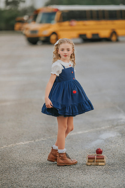 Classroom Elegant Dress – Hand Embroidered Vintage Inspired Linen Cotton Boutique Girls Dress | Swiss Dot Lace Heirloom Style