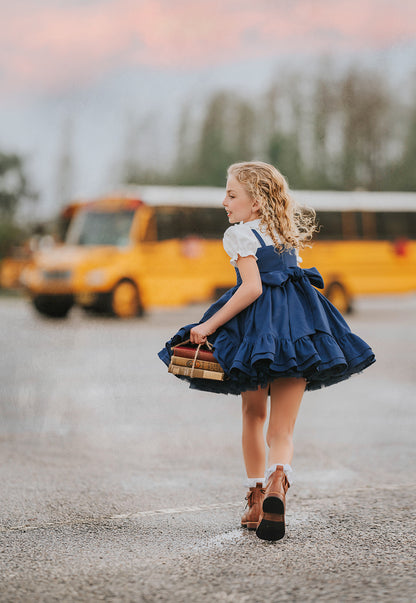 Classroom Elegant Dress – Hand Embroidered Vintage Inspired Linen Cotton Boutique Girls Dress | Swiss Dot Lace Heirloom Style