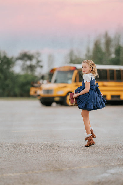 Classroom Elegant Dress – Hand Embroidered Vintage Inspired Linen Cotton Boutique Girls Dress | Swiss Dot Lace Heirloom Style