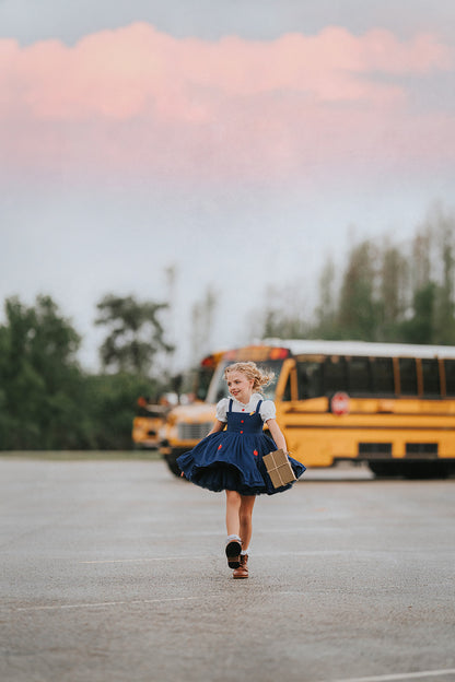 Classroom Elegant Dress – Hand Embroidered Vintage Inspired Linen Cotton Boutique Girls Dress | Swiss Dot Lace Heirloom Style