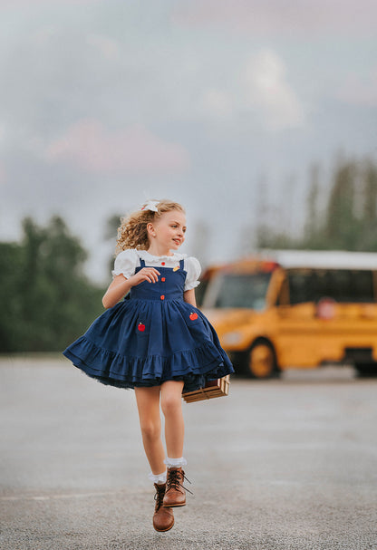 Classroom Elegant Dress – Hand Embroidered Vintage Inspired Linen Cotton Boutique Girls Dress | Swiss Dot Lace Heirloom Style