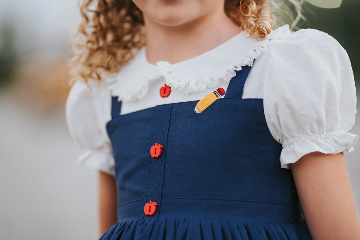 Classroom Elegant Dress – Hand Embroidered Vintage Inspired Linen Cotton Boutique Girls Dress | Swiss Dot Lace Heirloom Style