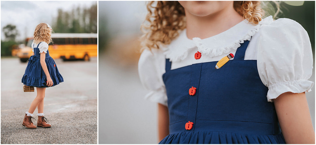 Classroom Elegant Dress – Hand Embroidered Vintage Inspired Linen Cotton Boutique Girls Dress | Swiss Dot Lace Heirloom Style
