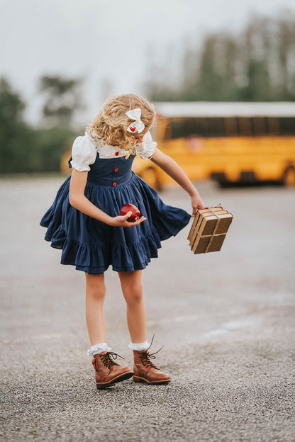 Classroom Elegant Dress – Hand Embroidered Vintage Inspired Linen Cotton Boutique Girls Dress | Swiss Dot Lace Heirloom Style