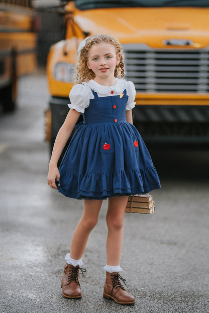 Classroom Elegant Dress – Hand Embroidered Vintage Inspired Linen Cotton Boutique Girls Dress | Swiss Dot Lace Heirloom Style
