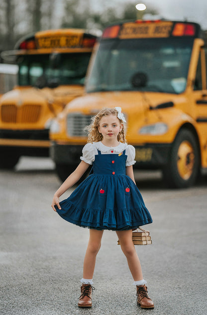 Classroom Elegant Dress – Hand Embroidered Vintage Inspired Linen Cotton Boutique Girls Dress | Swiss Dot Lace Heirloom Style