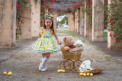 Lemon Meringue Dress – Lemon Print Vintage Inspired Cotton Boutique Girls Dress | Eyelet Lace Gingham Heirloom Style