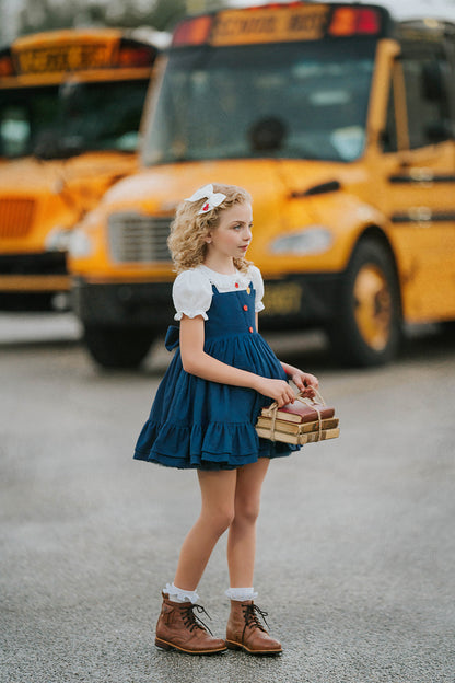 Classroom Elegant Dress – Hand Embroidered Vintage Inspired Linen Cotton Boutique Girls Dress | Swiss Dot Lace Heirloom Style