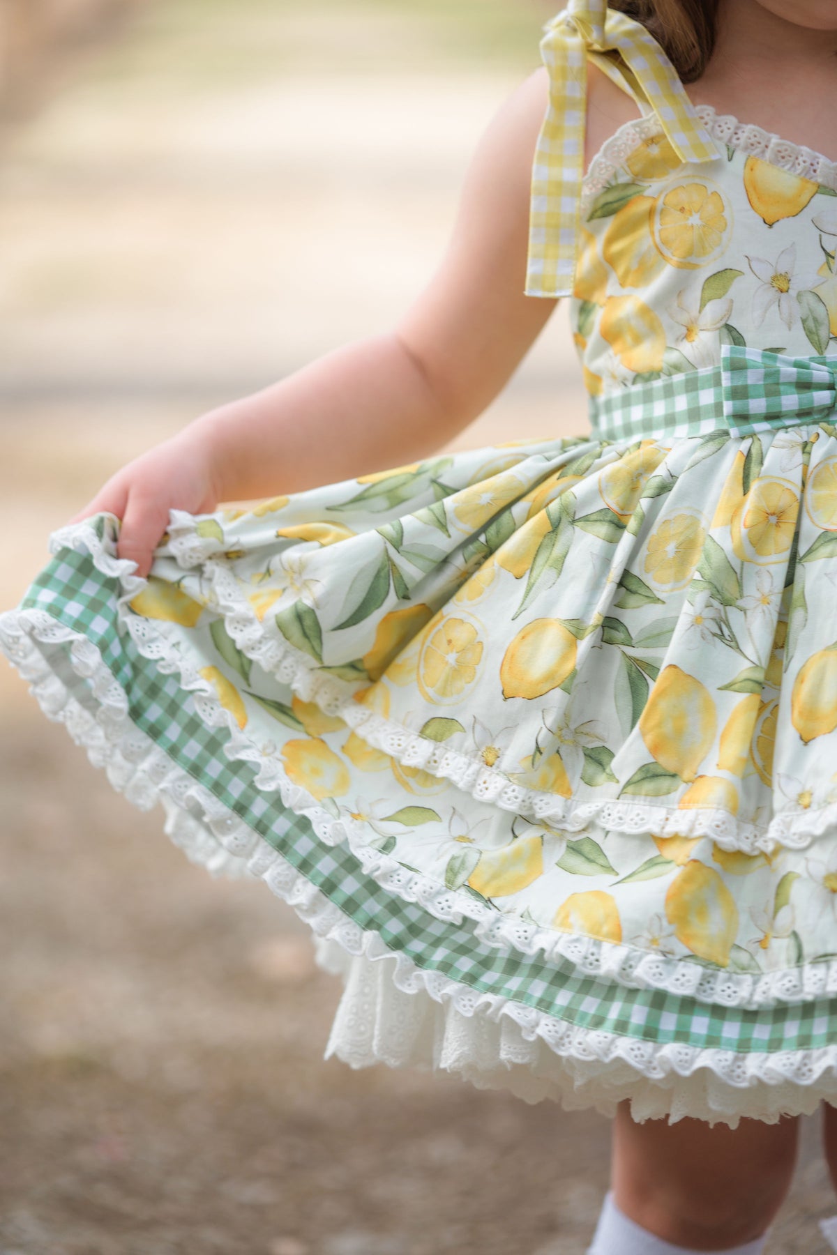 Lemon Meringue Dress – Lemon Print Vintage Inspired Cotton Boutique Girls Dress | Eyelet Lace Gingham Heirloom Style