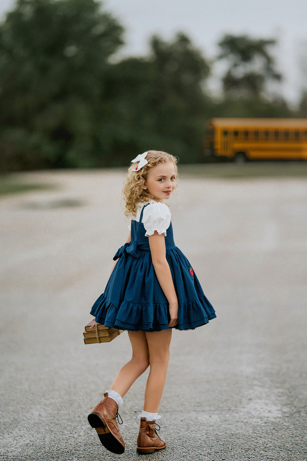 Classroom Elegant Dress – Hand Embroidered Vintage Inspired Linen Cotton Boutique Girls Dress | Swiss Dot Lace Heirloom Style