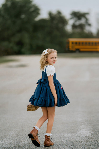 Classroom Elegant Dress – Hand Embroidered Vintage Inspired Linen Cotton Boutique Girls Dress | Swiss Dot Lace Heirloom Style