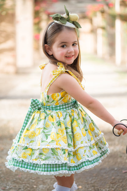 Lemon Meringue Dress – Lemon Print Vintage Inspired Cotton Boutique Girls Dress | Eyelet Lace Gingham Heirloom Style