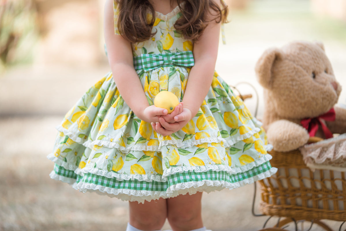 Lemon Meringue Dress – Lemon Print Vintage Inspired Cotton Boutique Girls Dress | Eyelet Lace Gingham Heirloom Style