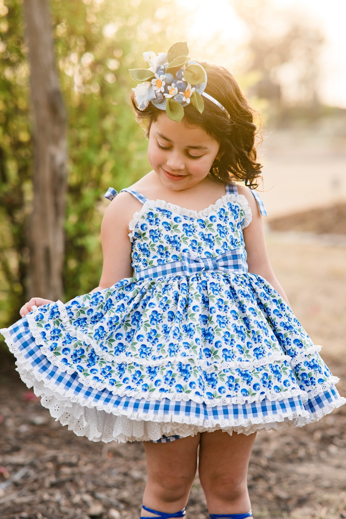 Blueberry Picnic Dress – Blueberry Print Vintage Inspired Cotton Boutique Girls Dress | Eyelet Lace Gingham Heirloom Style