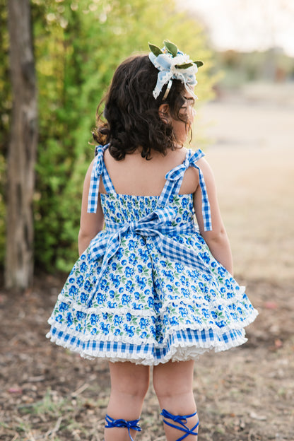 Blueberry Picnic Dress – Blueberry Print Vintage Inspired Cotton Boutique Girls Dress | Eyelet Lace Gingham Heirloom Style