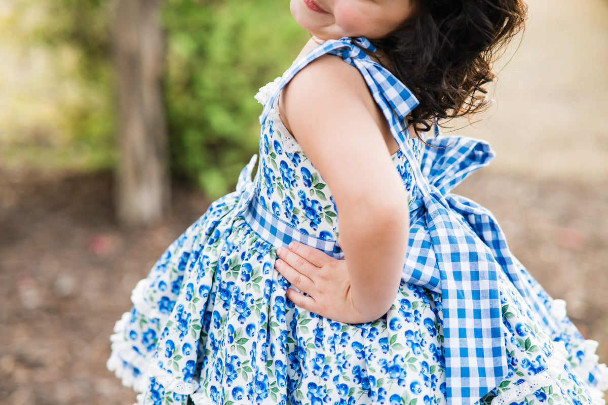 Blueberry Picnic Dress – Blueberry Print Vintage Inspired Cotton Boutique Girls Dress | Eyelet Lace Gingham Heirloom Style