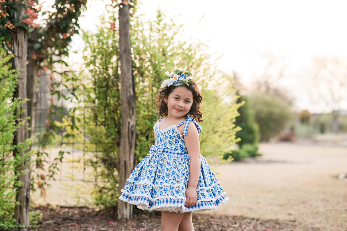 Blueberry Picnic Dress – Blueberry Print Vintage Inspired Cotton Boutique Girls Dress | Eyelet Lace Gingham Heirloom Style