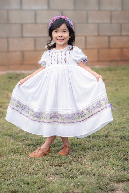 Violet Heirloom Bloom Dress – Hand Embroidered Vintage Inspired Boutique Girls Dress | Viscose Lace Collar Heirloom Style