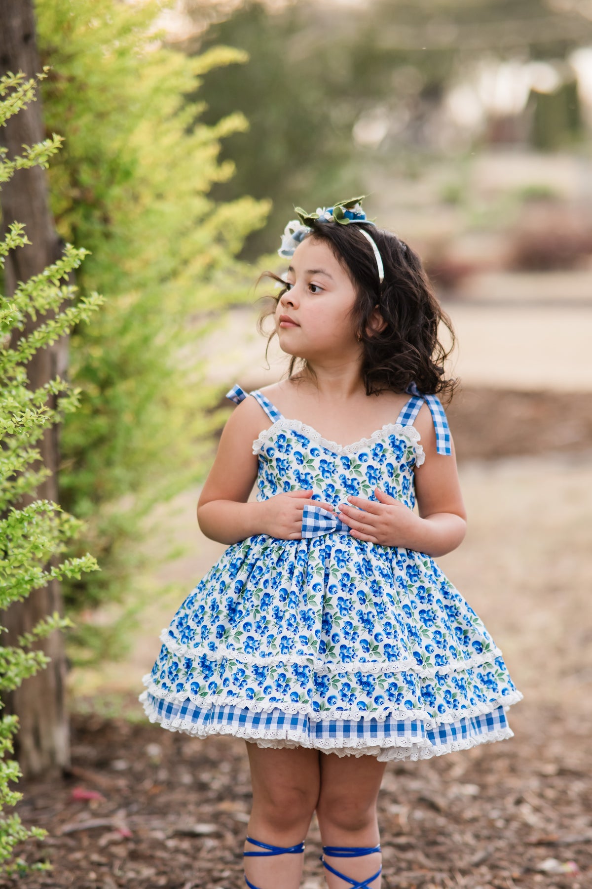 Blueberry Picnic Dress – Blueberry Print Vintage Inspired Cotton Boutique Girls Dress | Eyelet Lace Gingham Heirloom Style
