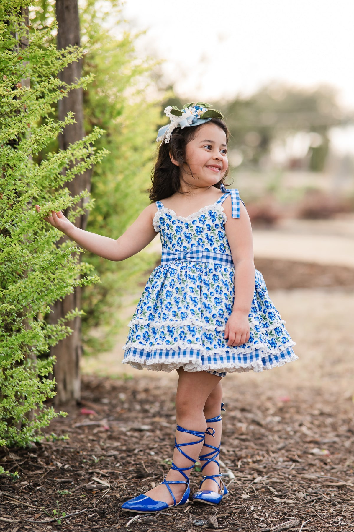 Blueberry Picnic Dress – Blueberry Print Vintage Inspired Cotton Boutique Girls Dress | Eyelet Lace Gingham Heirloom Style