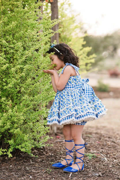 Blueberry Picnic Dress – Blueberry Print Vintage Inspired Cotton Boutique Girls Dress | Eyelet Lace Gingham Heirloom Style
