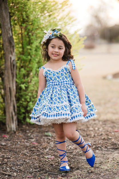 Blueberry Picnic Dress – Blueberry Print Vintage Inspired Cotton Boutique Girls Dress | Eyelet Lace Gingham Heirloom Style